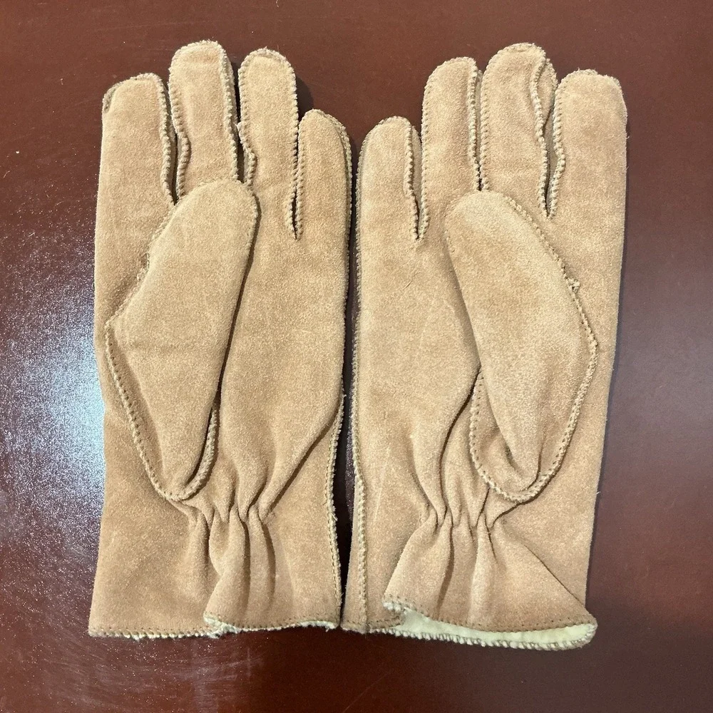 Vintage‎ Women's Suede Leather Gloves M/L Taupe Sherpa Lined